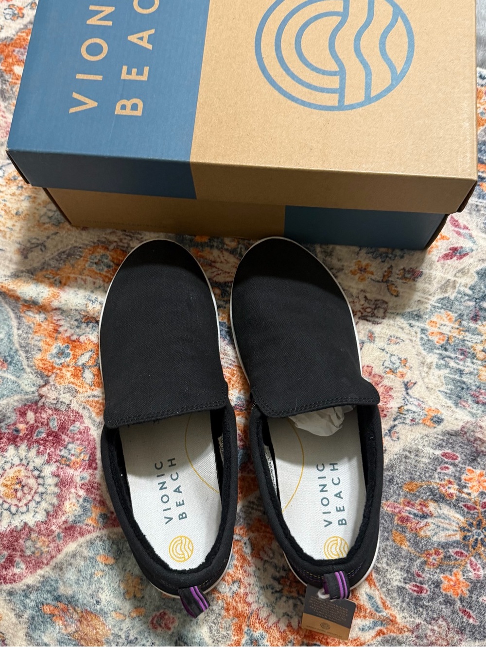 Vionic Black and White Slip-On Shoe with Yellow Accent